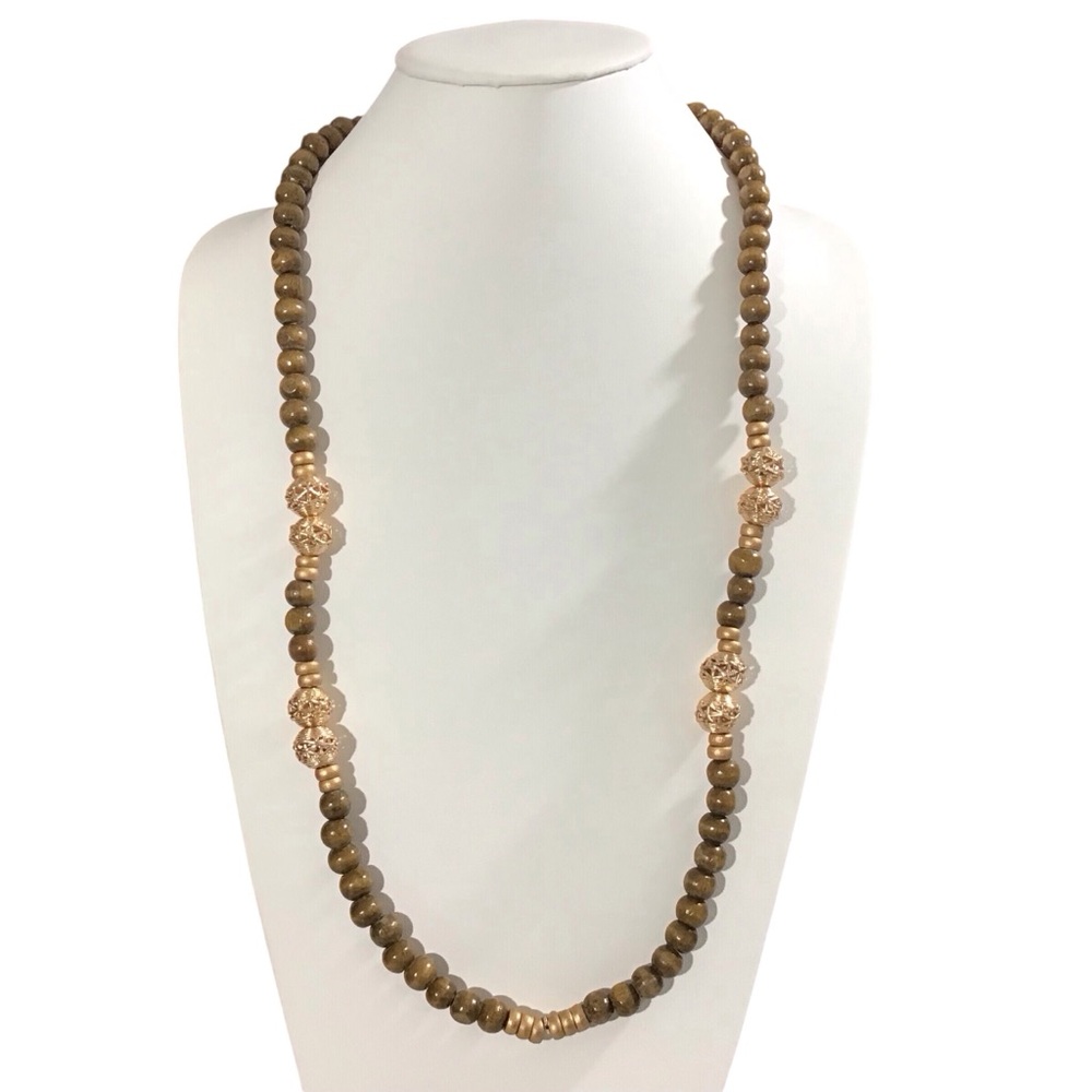 Bijou Wood Brown Beaded Necklace Coppery Gold Tone Accent Metal Beads Wooden